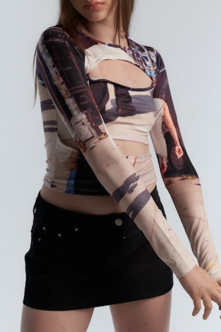 Y2K Cutout Slim Asymmetric Print Long Sleeve Crop Top Secondary image