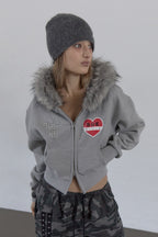 Rhinestone Cross Faux Fur Zip Front Hoodie