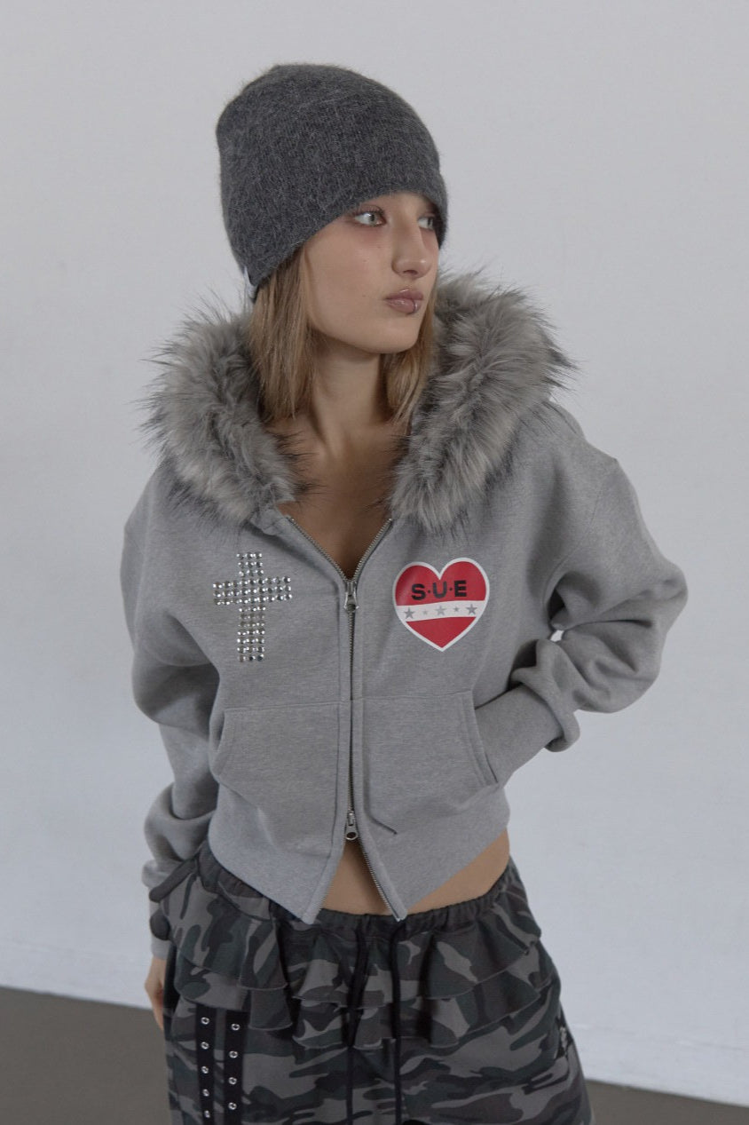Rhinestone Cross Faux Fur Zip Front Hoodie