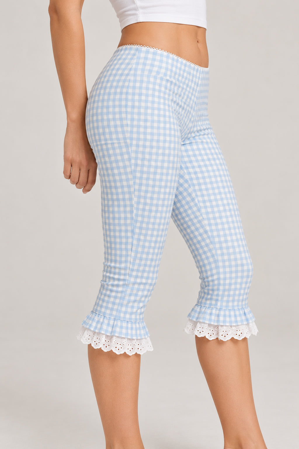 Plaid Lace Ruffle Cropped Skinny Pants