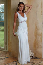 Lace Trim V-Neck Lace-Up Slim Long Lace Dress