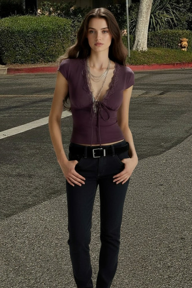 Lace Trim Tie Front Top Main image