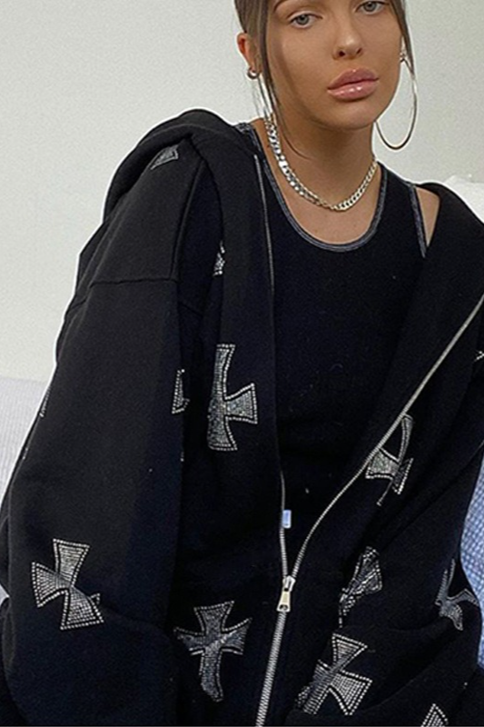 Cross Rhinestone Full-Zip Loose Hoodie Main image