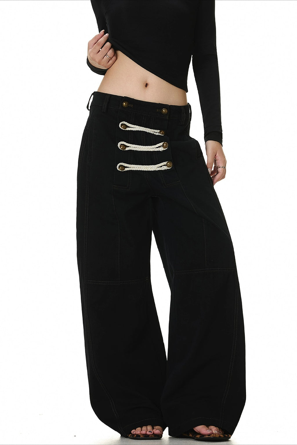 Black Double Button Deconstructed Wide Leg Pants