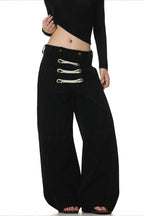 Black Double Button Deconstructed Wide Leg Pants