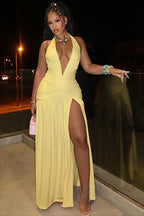 Plunging Halter Ruched Side Slit Maxi Dress