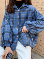 Checkered Print Button Blouse Blue / S Shirts
