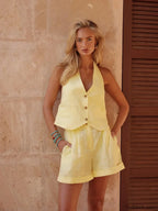 Chic Vest Shorts Backless Two Piece Set Yellow / S