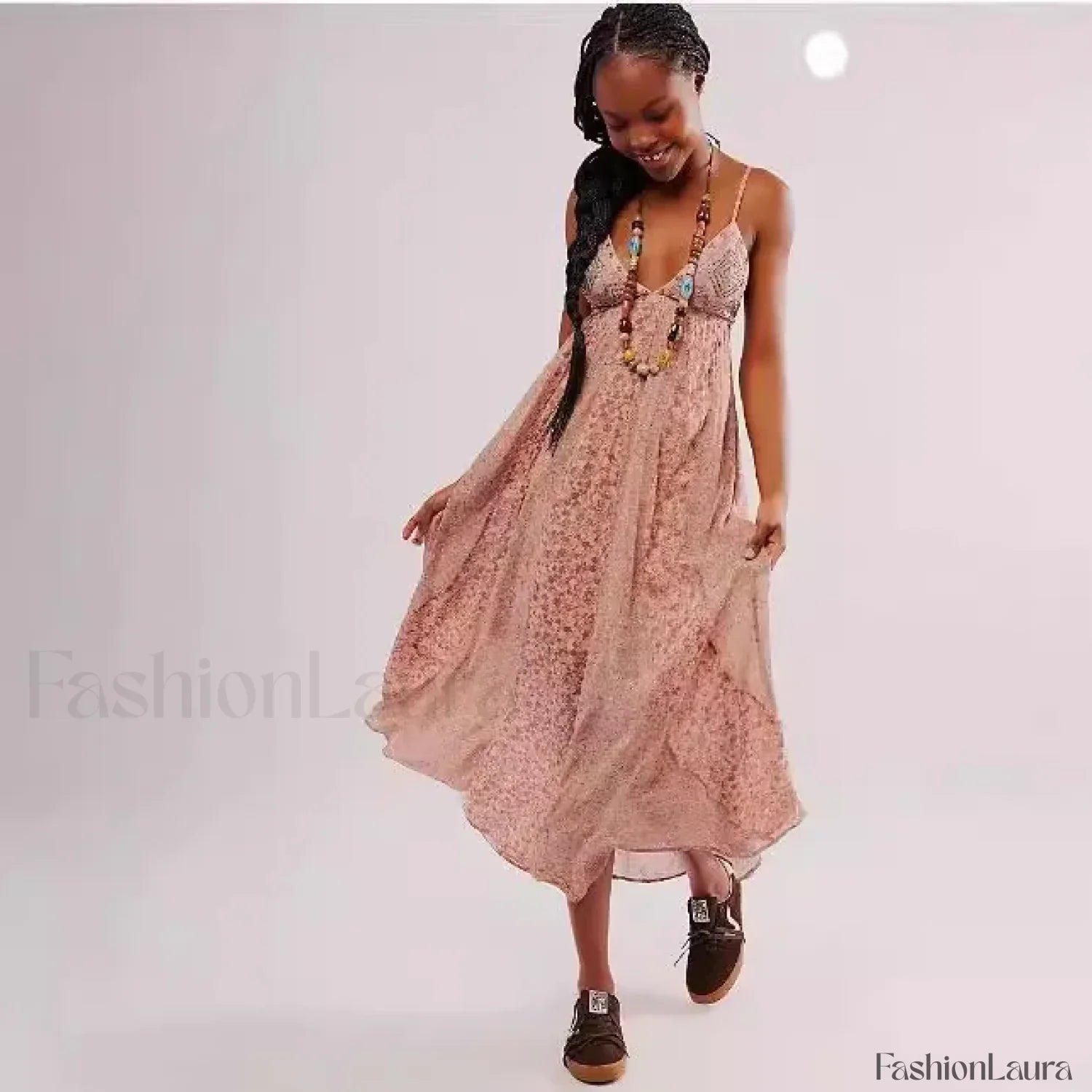Chiffon Strap Backless Boho Dress Brown / S
