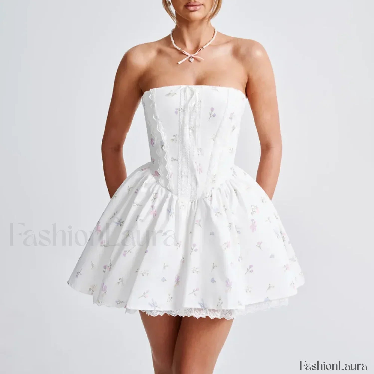 Colorblock Strapless A Line Floral Dress