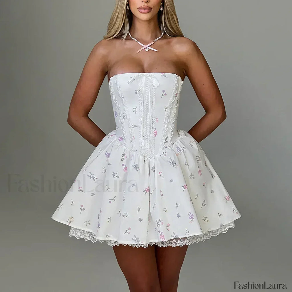 Colorblock Strapless A Line Floral Dress WHITE / S