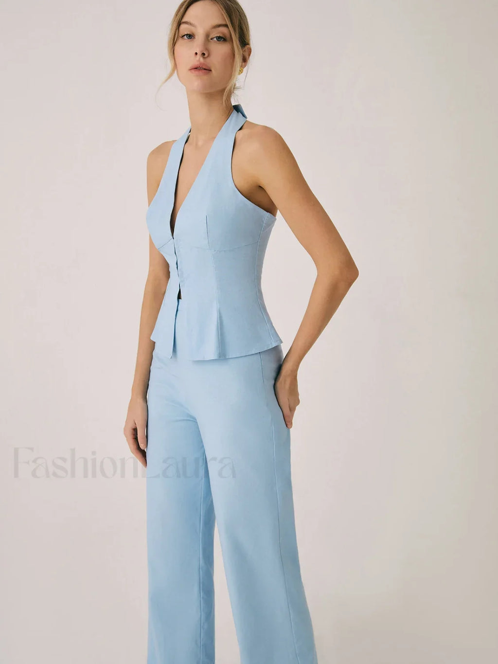 Cotton & Linen Vest With Straight Leg Pants Set Pant Sets