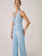 Cotton & Linen Vest With Straight Leg Pants Set Pant Sets
