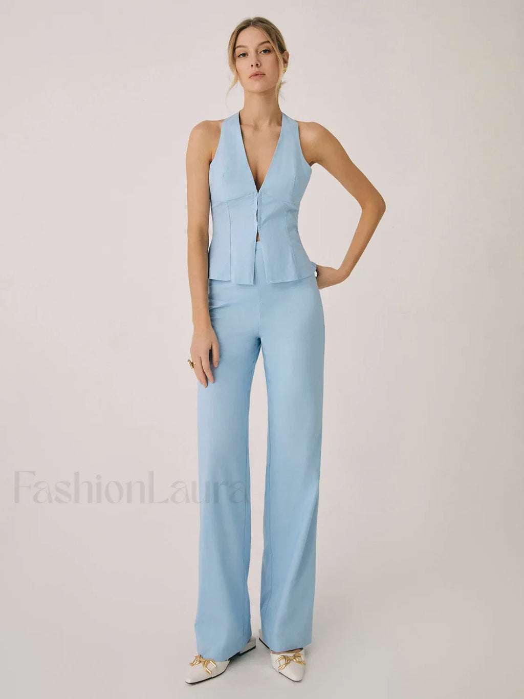 Cotton & Linen Vest With Straight Leg Pants Set Pant Sets