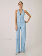 Cotton & Linen Vest With Straight Leg Pants Set Pant Sets
