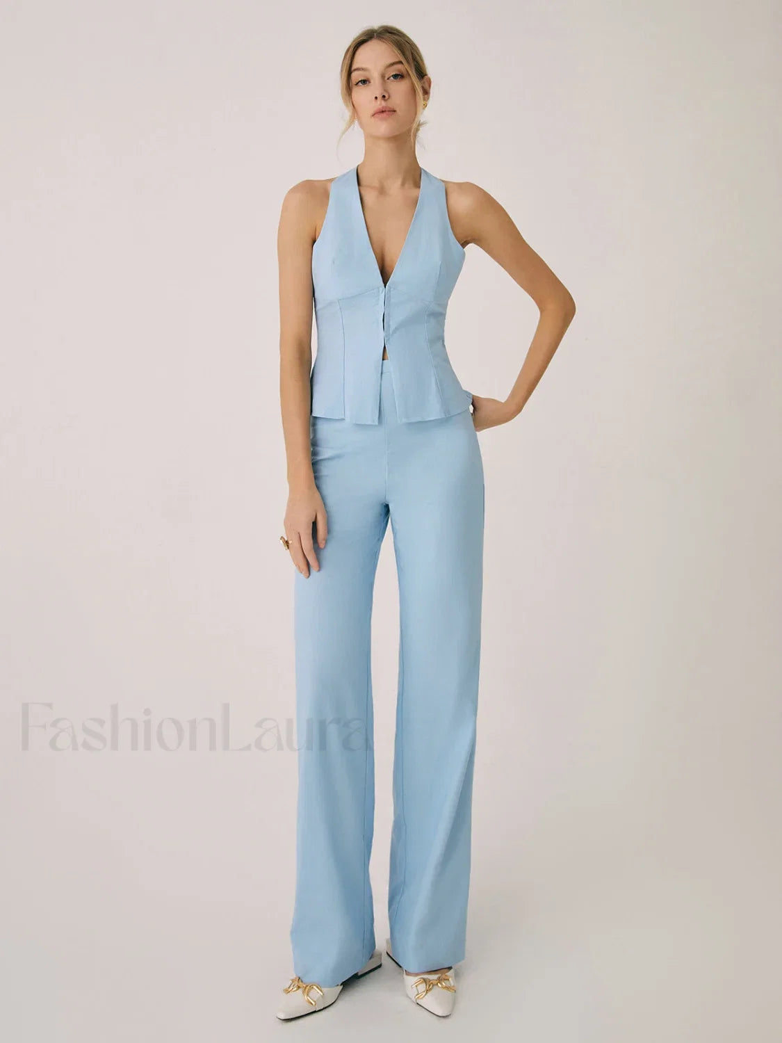 Cotton & Linen Vest With Straight Leg Pants Set Pant Sets
