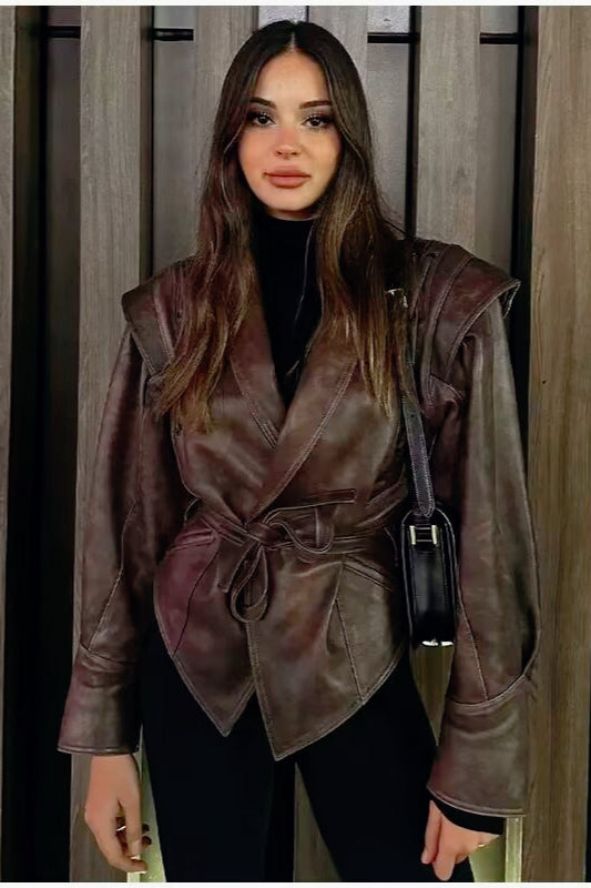 Shawl Collar Belted Leather Jacket Main image