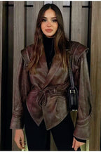 Shawl Collar Belted Leather Jacket