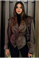 Shawl Collar Belted Leather Jacket