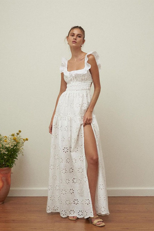 Ruffled Square Neck Embroidered Backless Split Boho Dress Main image