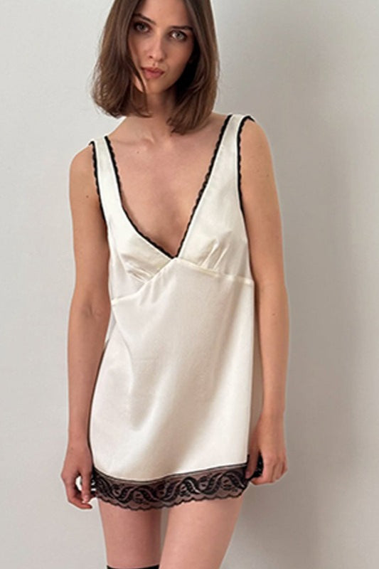 V-Neck Lace Cami Panel Ruffle Mini Lace Dress Main image