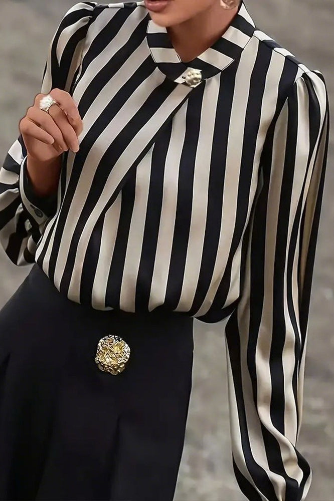 Striped Plus Size Satin Gold Button Elegant Workwear Blouse Secondary image