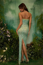 Strapless Sequin Slit Back Prom Dress