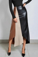 Color Block PU Leather High Waist Skirt