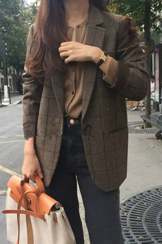 Plaid Woolen Button Blazer Main image