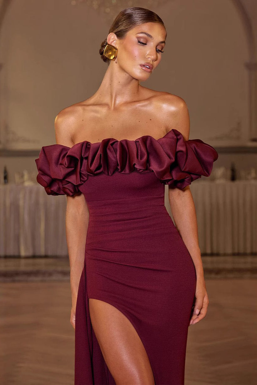 Elegant Off Shoulder Ruched Bodycon Mermaid Split Formal Dress Secondary image