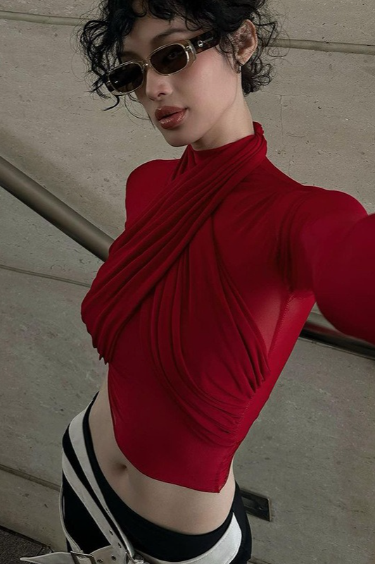 Slim Strappy Paneled Long Sleeve Stylish Crop Top Secondary image