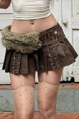 Faux Fur Belted Side Zipper Pleated Skirt