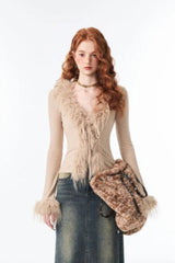 Lace-Up V Neck Plush Cardigan