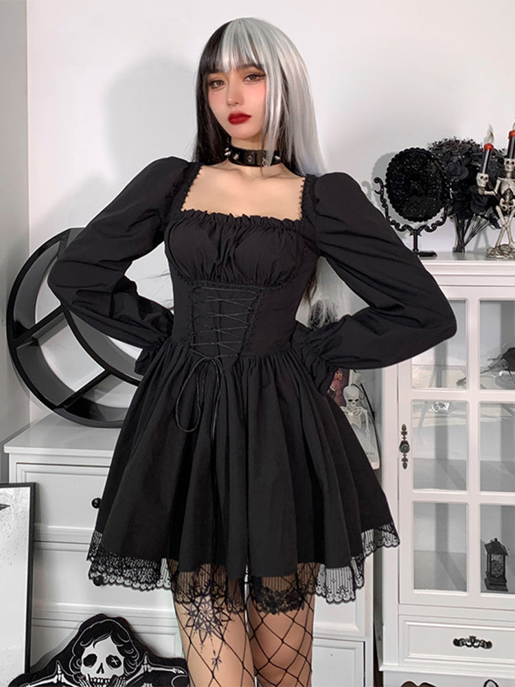 Spaghetti Strap Lace Satin Slip  Party Mini Harajuku Vintage Square Collar Puff Sleeve Dress Main image