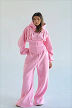 Corset Waist Zip Front Wide Leg Hoodie Two Piece Set