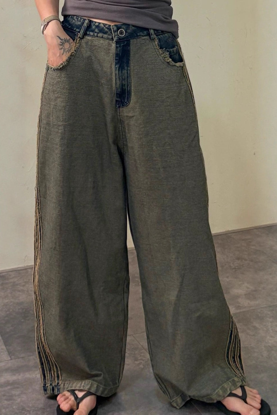 Striped Color Block Drawstring Loose Wide Leg Straight Jeans Main image