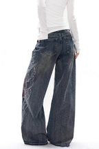 Embroidered Slub Denim Relaxed Straight Jeans