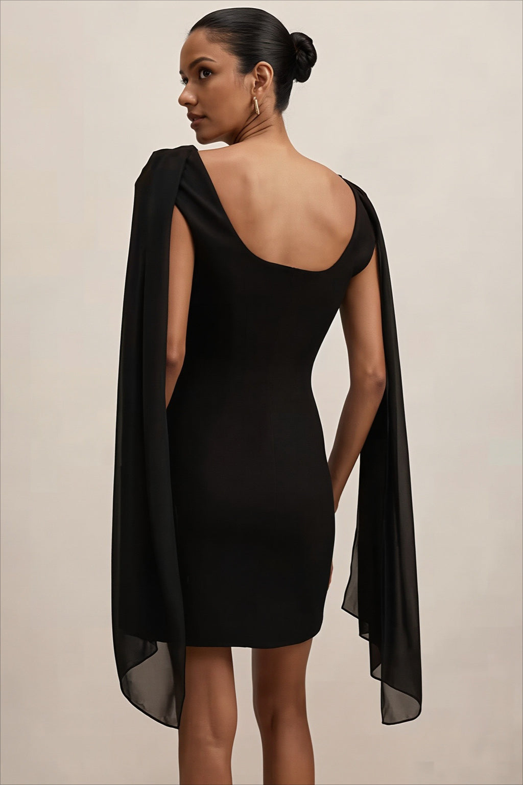 Draped Cape Sleeve Asymmetric Bodycon Mini Dress