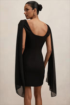Draped Cape Sleeve Asymmetric Bodycon Mini Dress