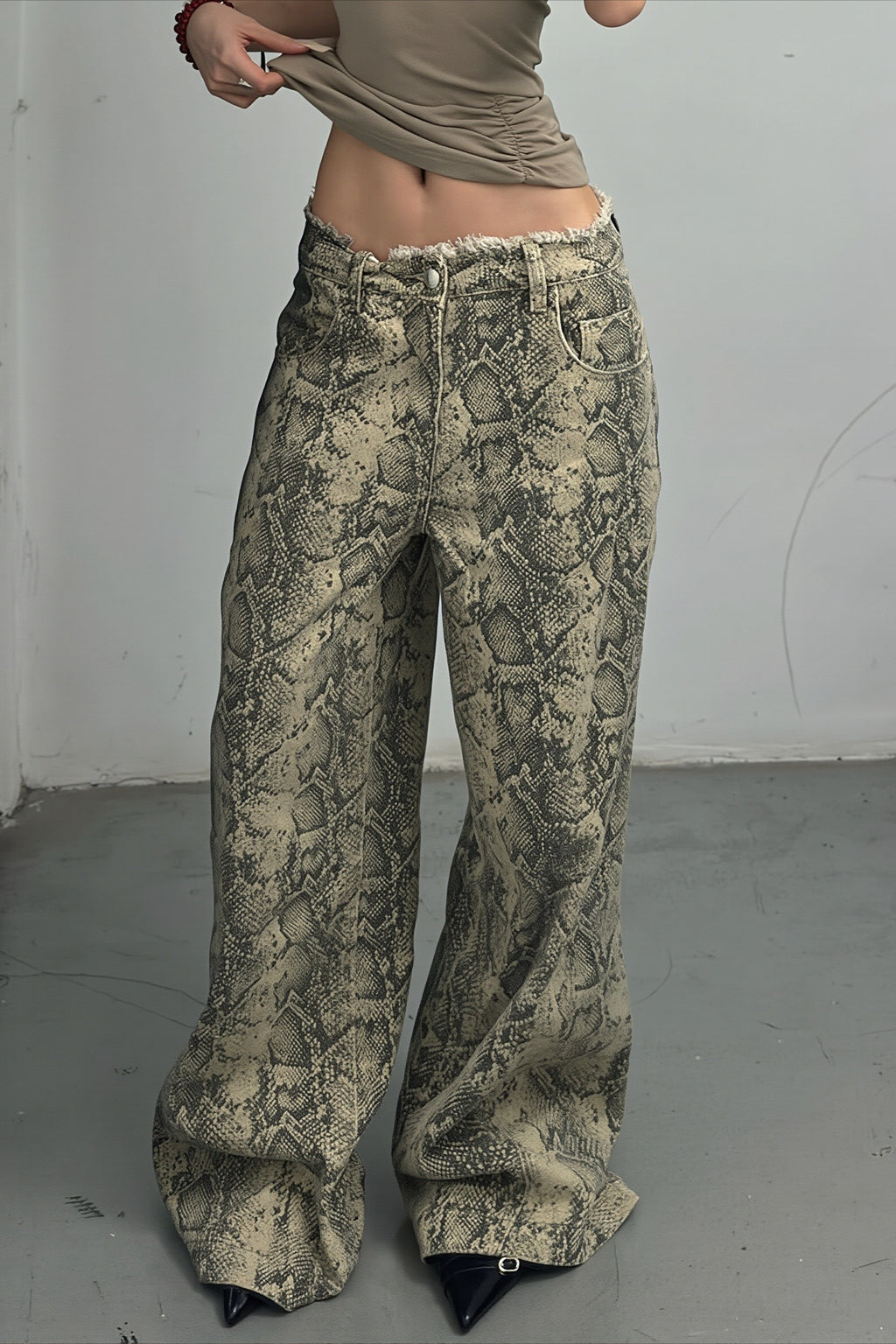 Snakeskin Print Mid Rise Wide Leg Jeans