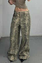 Snakeskin Print Mid Rise Wide Leg Jeans