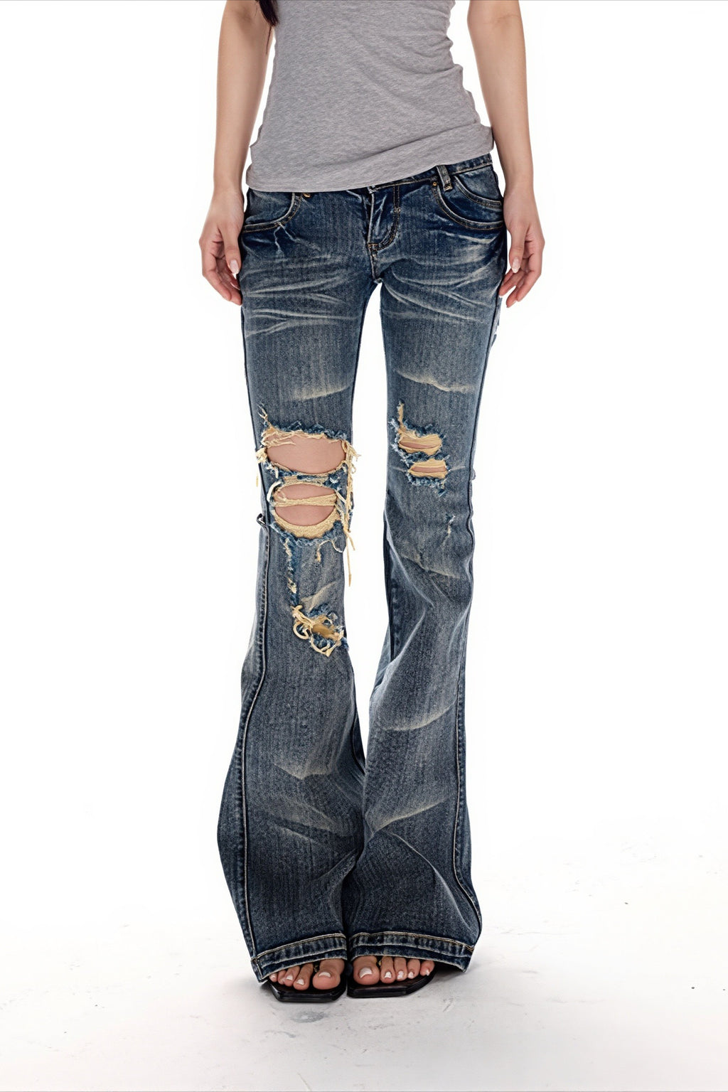 Distressed Ripped Low Rise Flare Jeans