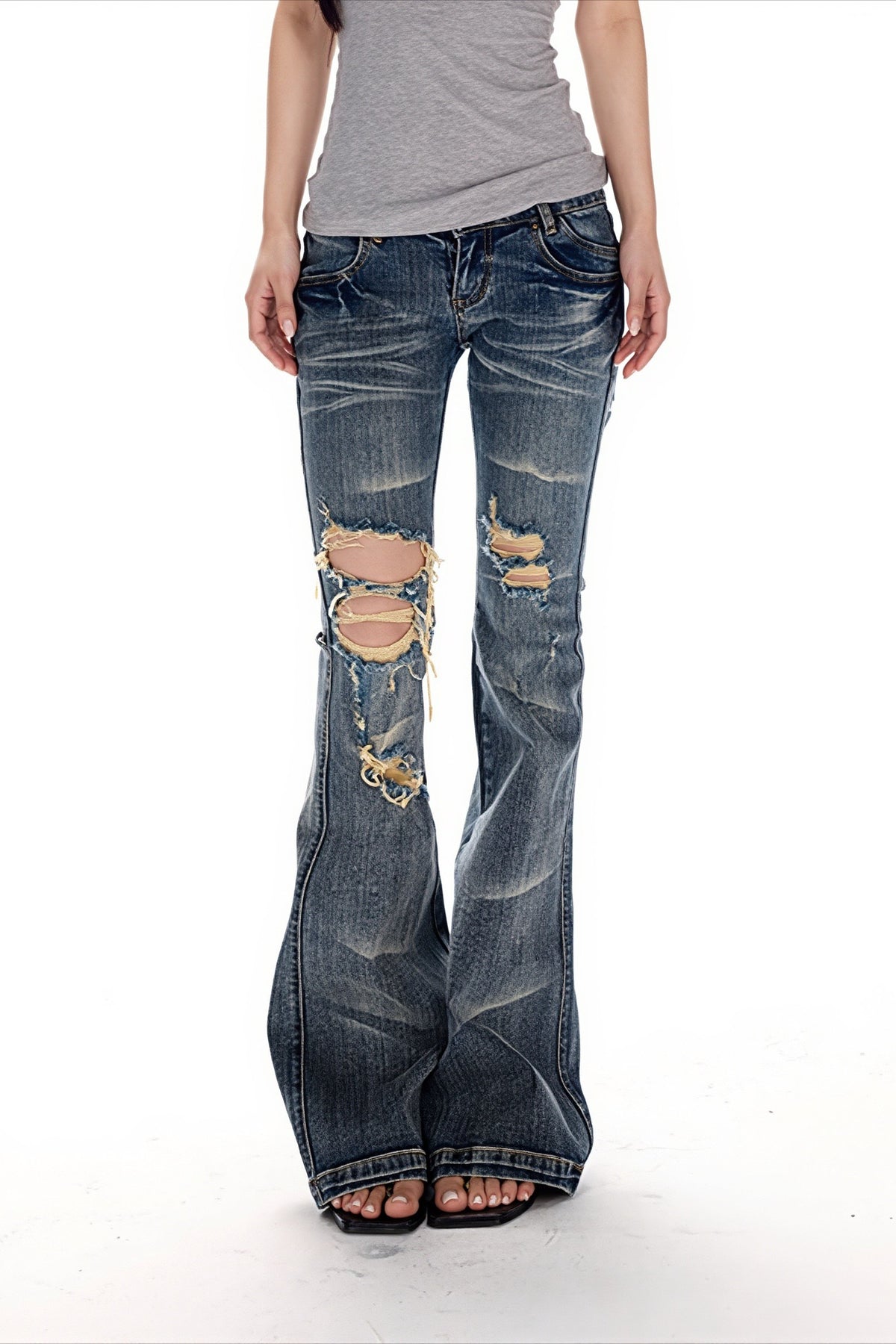 Distressed Ripped Low Rise Flare Jeans