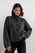 Stand Collar Button Front Relaxed Cardigan Sweater