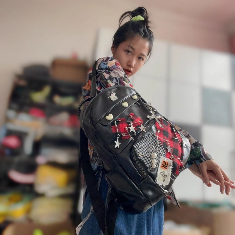 Y2K Harajuku Punk Gothic PU Leather Large Capacity Star Patch School Bag Secondary image