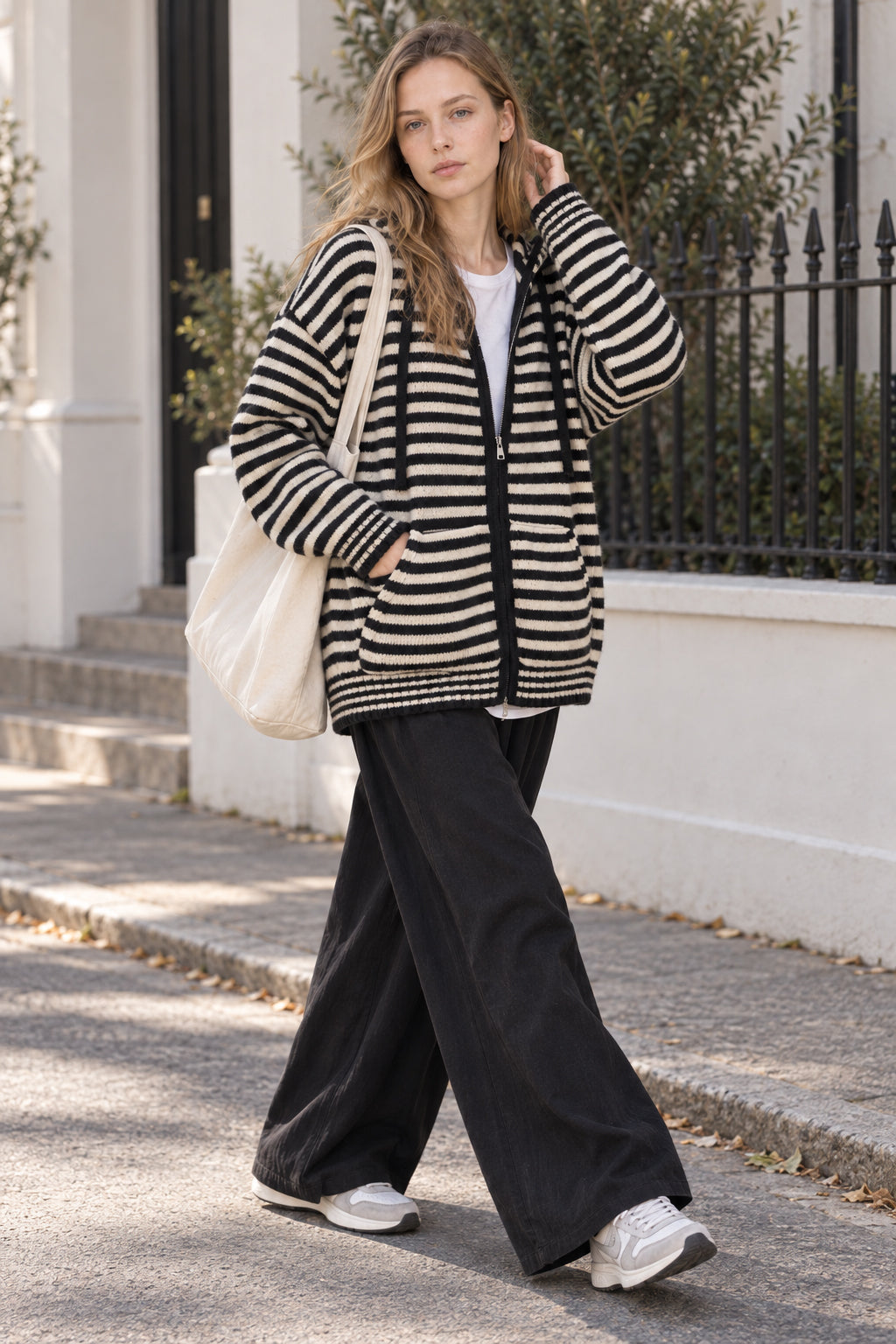 Contrasting Colors Striped Hooded Zipper Cardigan Main image