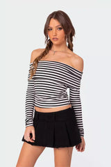Color Block Striped Off Shoulder Knit Top