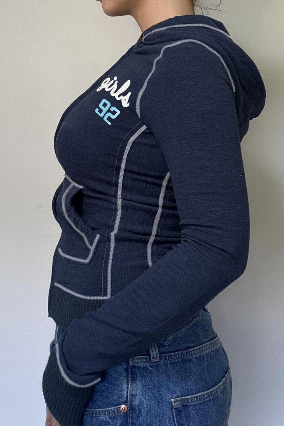Contrast Stitch Slogan Fitted Full Zip Hoodie