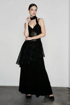 Lace Trim Sheer Waist Tie Cami Maxi Lace Dress
