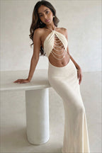 Pearl Draped Halter Cutout Backless Party Dress